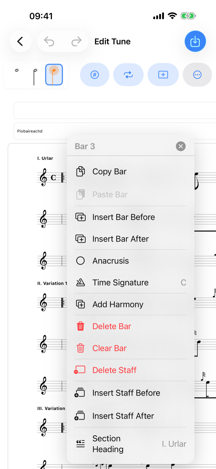 Bar editing menu