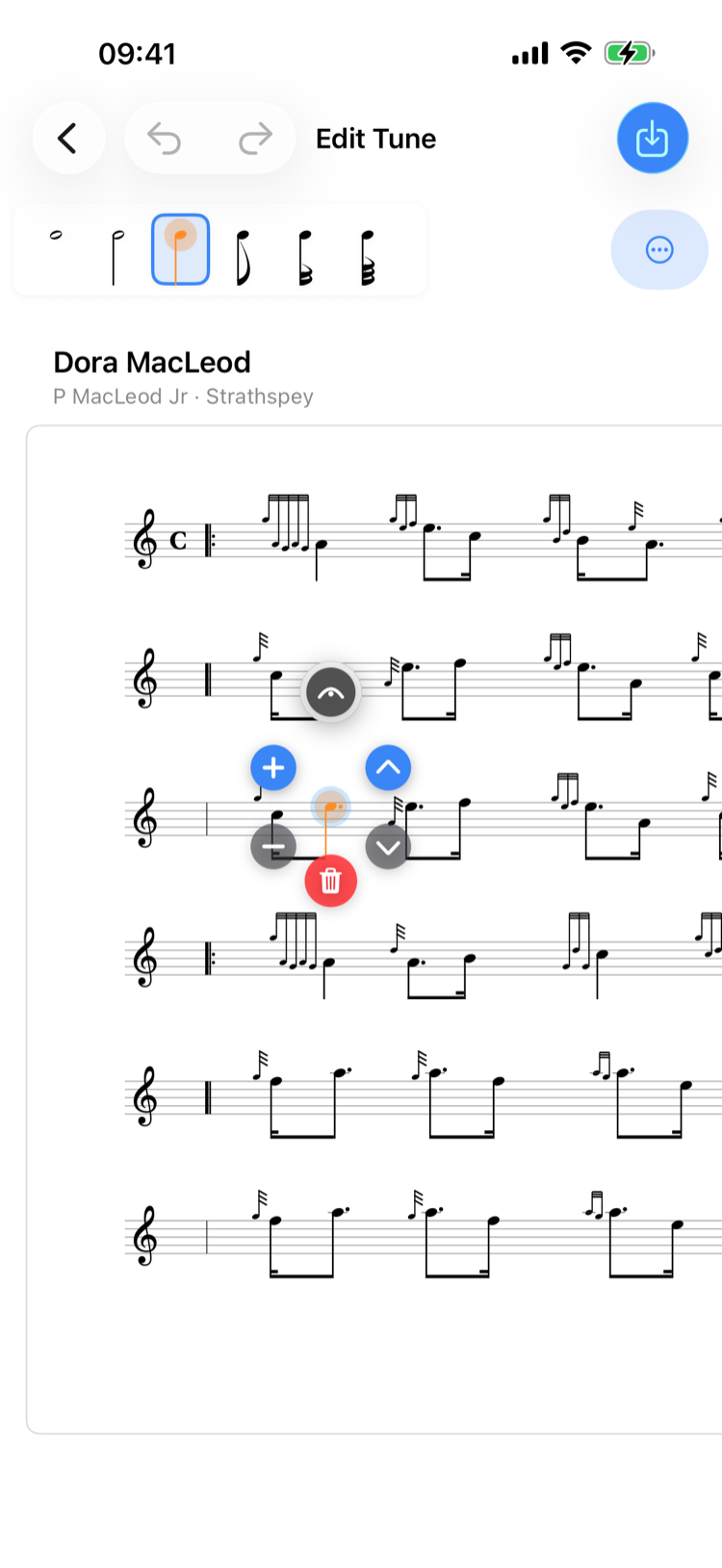 A tune open in the score editor
