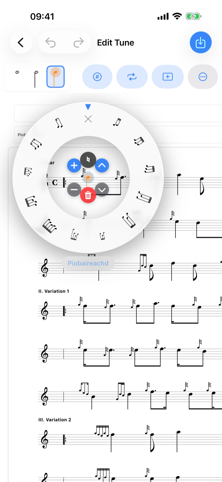 Score editor with embellishment picker