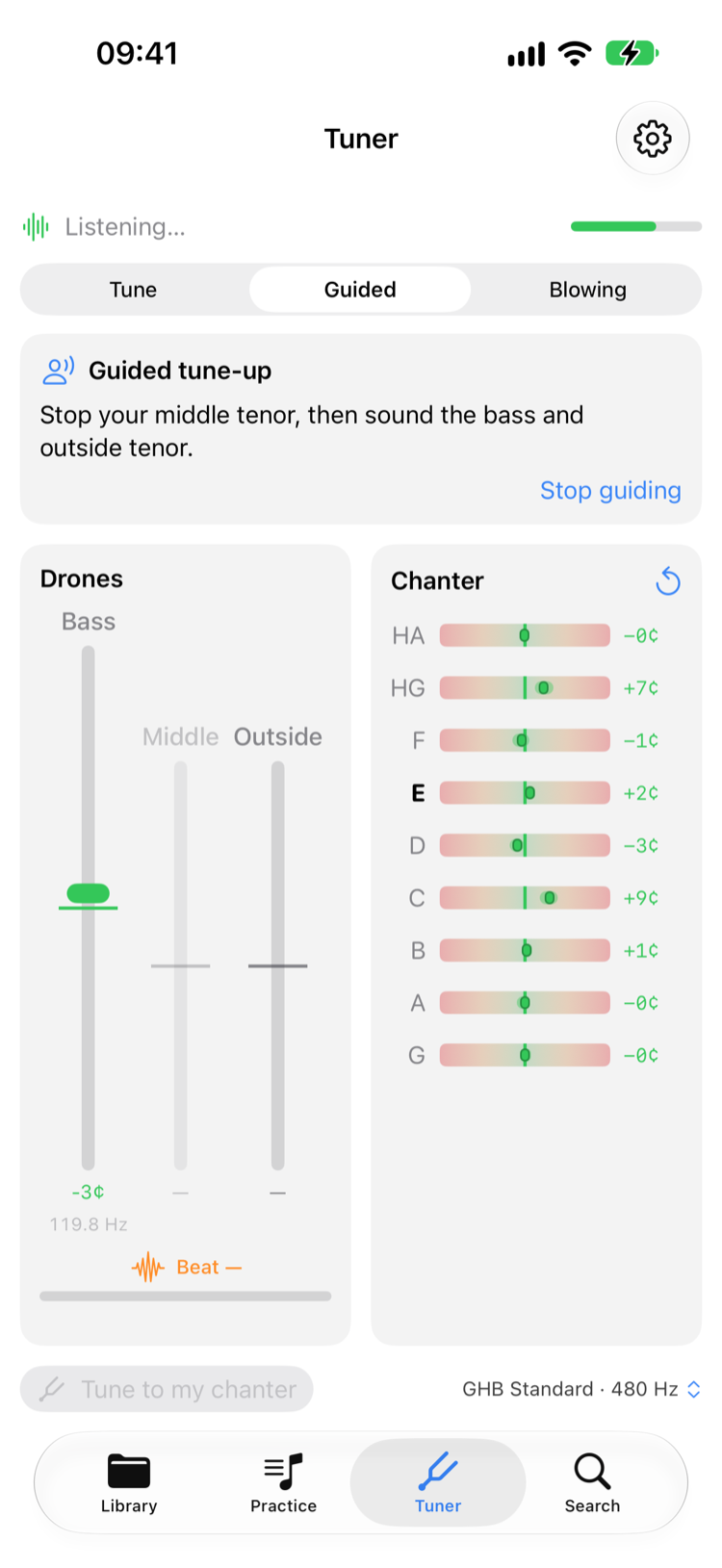 The guided tune-up showing bass, middle and outside drones
